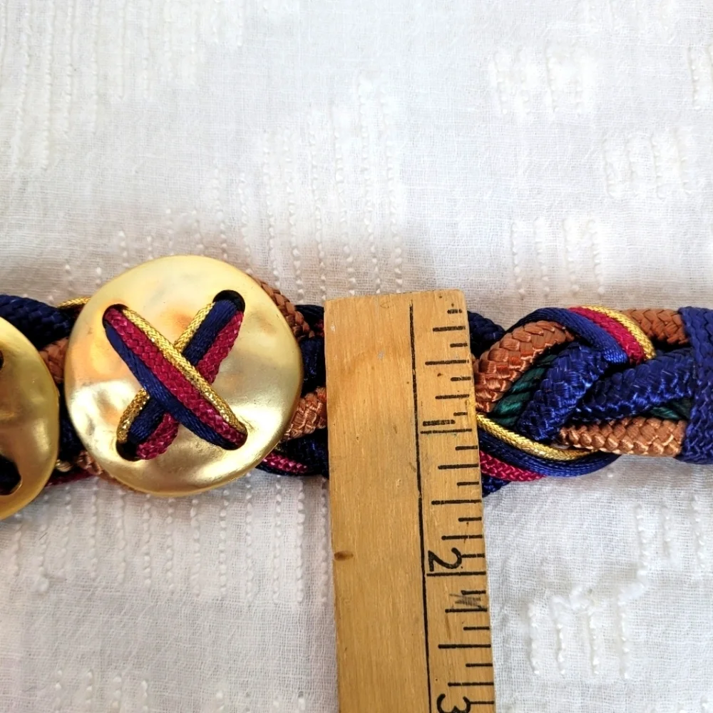 Vintage 80's navy maroon green gold braid woven belt three circle gold accents M